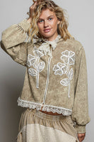 POL Floral Appliqué Hooded Knit Jacket in Dusty Choco
