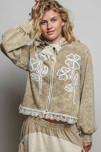 POL Floral Appliqué Hooded Knit Jacket in Dusty Choco