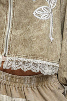 POL Floral Appliqué Hooded Knit Jacket in Dusty Choco