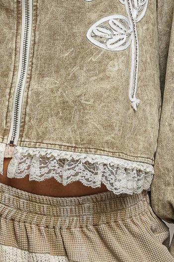 POL Floral Appliqué Hooded Knit Jacket in Dusty Choco