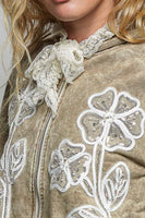 POL Floral Appliqué Hooded Knit Jacket in Dusty Choco