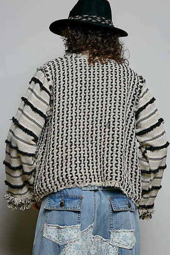 POL Textured Geometric Fringe Cardigan in Natural Multi