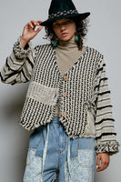 POL Textured Geometric Fringe Cardigan in Natural Multi