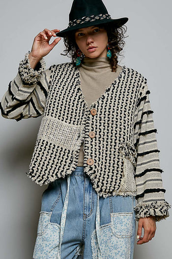 POL Textured Geometric Fringe Cardigan in Natural Multi