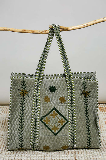 POL Floral Embroidered Quilted Tote Bag in Olive
