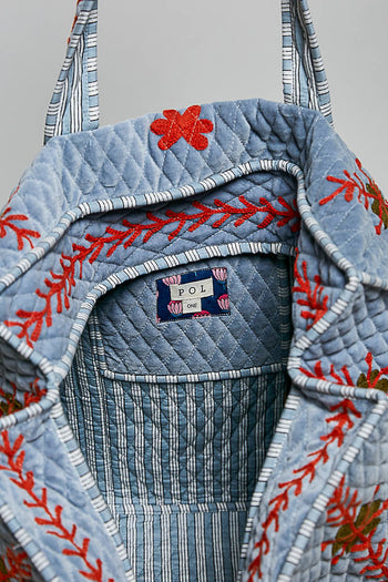 POL Floral Embroidered Quilted Tote Bag in Denim Blue