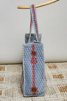 POL Floral Embroidered Quilted Tote Bag in Denim Blue