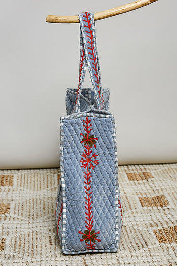 POL Floral Embroidered Quilted Tote Bag in Denim Blue