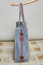 Load image into Gallery viewer, POL Floral Embroidered Quilted Tote Bag in Denim Blue
