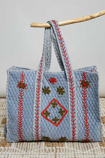 POL Floral Embroidered Quilted Tote Bag in Denim Blue