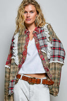 POL Mixed Plaid Patchwork Lace Trim Top in Red Multi