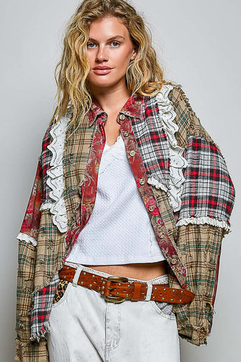 POL Mixed Plaid Patchwork Lace Trim Top in Red Multi