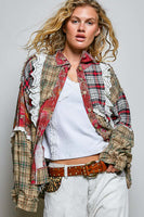 POL Mixed Plaid Patchwork Lace Trim Top in Red Multi