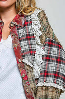 POL Mixed Plaid Patchwork Lace Trim Top in Red Multi