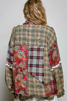 POL Mixed Plaid Patchwork Lace Trim Top in Red Multi