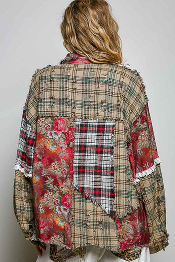 POL Mixed Plaid Patchwork Lace Trim Top in Red Multi