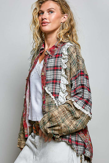 POL Mixed Plaid Patchwork Lace Trim Top in Red Multi