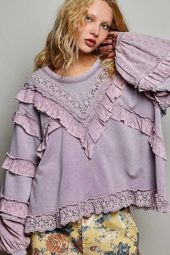 POL Knit Top with Ruffle Detailed Mixed Lace in Powder Lilac