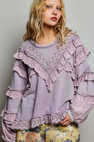 POL Knit Top with Ruffle Detailed Mixed Lace in Powder Lilac