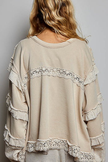 POL Knit Top with Ruffle Detailed Mixed Lace in Nude Beige