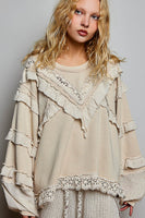 POL Knit Top with Ruffle Detailed Mixed Lace in Nude Beige