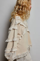 POL Knit Top with Ruffle Detailed Mixed Lace in Nude Beige