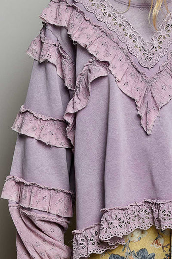 POL Knit Top with Ruffle Detailed Mixed Lace in Powder Lilac