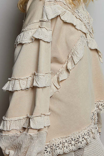 POL Knit Top with Ruffle Detailed Mixed Lace in Nude Beige