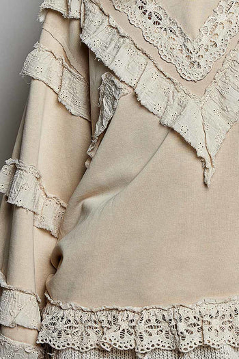 POL Knit Top with Ruffle Detailed Mixed Lace in Nude Beige