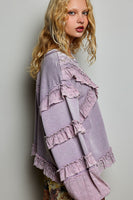POL Knit Top with Ruffle Detailed Mixed Lace in Powder Lilac
