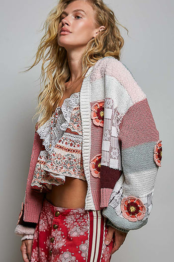 POL Chenille Patchwork Floral Hooded Cardigan in Rosewood Multi