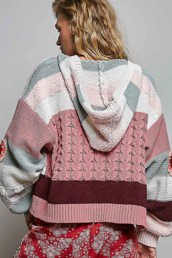 POL Chenille Patchwork Floral Hooded Cardigan in Rosewood Multi
