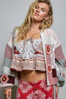 POL Chenille Patchwork Floral Hooded Cardigan in Rosewood Multi
