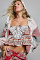 POL Chenille Patchwork Floral Hooded Cardigan in Rosewood Multi