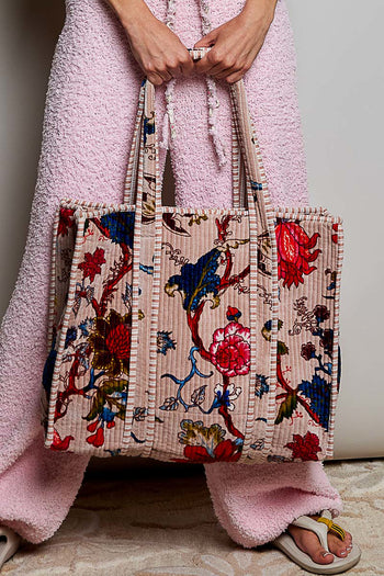 POL Velvet Striped Trim Woven Print Tote Bag in Blush