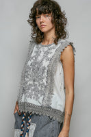 POL Botanical Lace Embroidered Sleeveless Blouse in Pale Grey