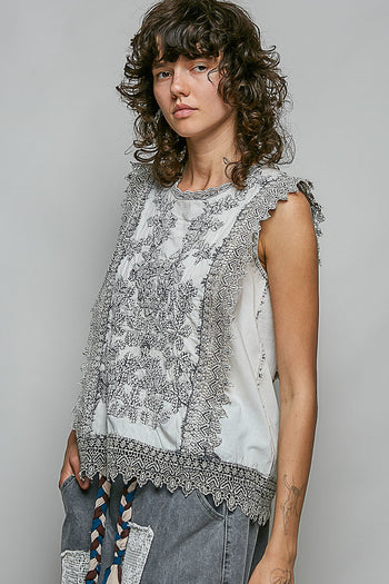 POL Botanical Lace Embroidered Sleeveless Blouse in Pale Grey