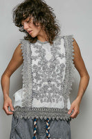 POL Botanical Lace Embroidered Sleeveless Blouse in Pale Grey