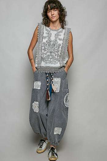 POL Botanical Lace Embroidered Sleeveless Blouse in Pale Grey