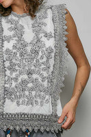 POL Botanical Lace Embroidered Sleeveless Blouse in Pale Grey