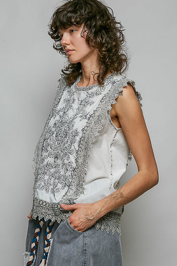 POL Botanical Lace Embroidered Sleeveless Blouse in Pale Grey