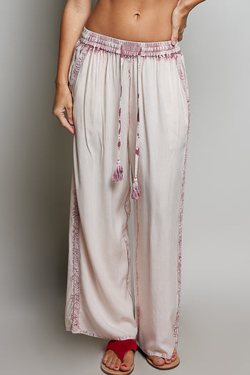 POL Embroidered Tassel Drawstring Wide Leg Pants in Rose Pink