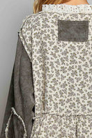 POL Vintage Washed Floral Gauze Balloon Sleeve Top in Olive/Natural