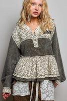 POL Vintage Washed Floral Gauze Balloon Sleeve Top in Olive/Natural