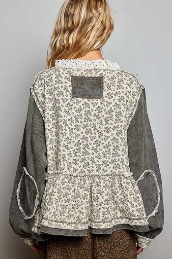 POL Vintage Washed Floral Gauze Balloon Sleeve Top in Olive/Natural