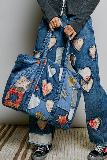POL Patchwork Denim Tote Bag in Deep Denim