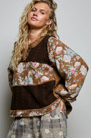 POL Patchwork Washed French Terry Top in Choco Multi