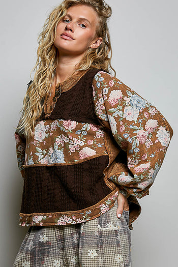POL Patchwork Washed French Terry Top in Choco Multi