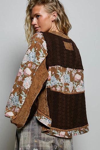 POL Patchwork Washed French Terry Top in Choco Multi