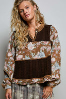 POL Patchwork Washed French Terry Top in Choco Multi
